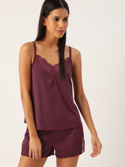 

ETC Women Burgundy Solid Lace Insert Night suit