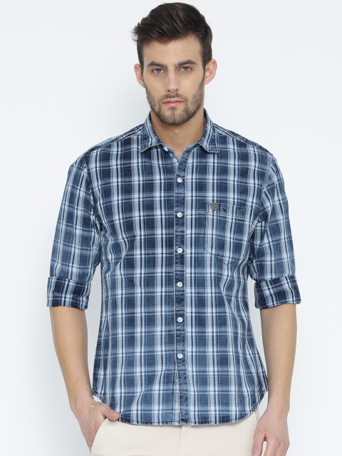 

John Players Men Blue Trim Fit Checked Casual Shirt
