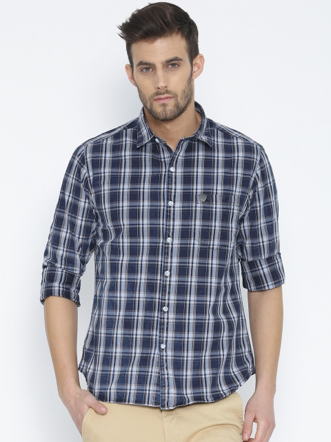 

John Players Men Navy Blue Trim Fit Checked Casual Shirt
