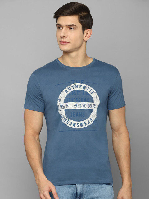 

Louis Philippe Jeans Men Blue Typography Printed Raw Edge Slim Fit T-shirt