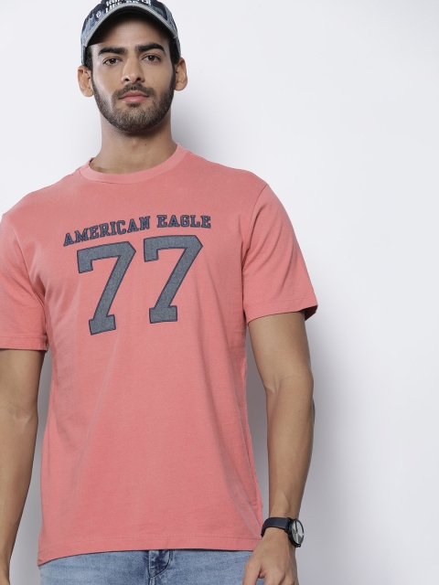 

AMERICAN EAGLE OUTFITTERS Men Dusty Pink Brand Logo Print Pure Cotton Standard Fit T-shirt