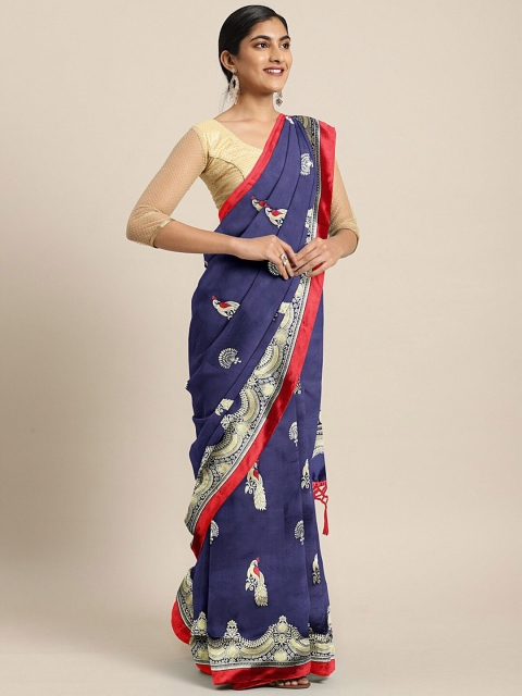 

KALINI Navy Blue & Red Ethnic Motifs Zari Silk Blend Banarasi Saree