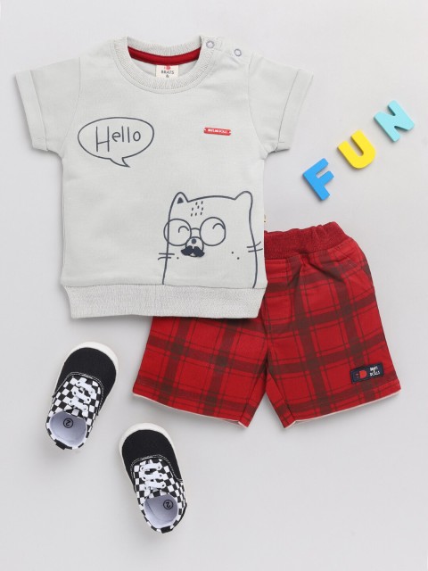 

BRATS AND DOLLS Boys Grey & Red Printed Cotton T-shirt with Shorts