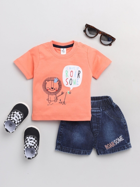 

BRATS AND DOLLS Boys Peach-Coloured & Navy Blue Printed T-shirt with Shorts