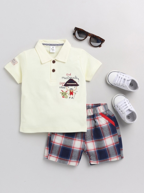 

BRATS AND DOLLS Boys Cream-Coloured & Navy Blue Solid T-shirt with Checked Shorts