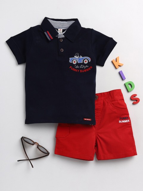 

BRATS AND DOLLS Boys Navy Blue & Red Embellished Shirt with Shorts
