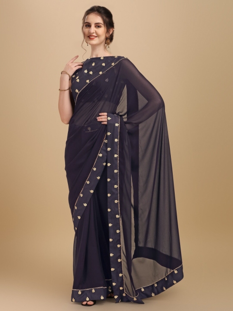 

Inddus Black & Gold-Toned Embroidered Saree