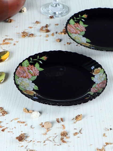 

ceradeco Black & Green 6 Pieces Floral Printed Glass Glossy Plates