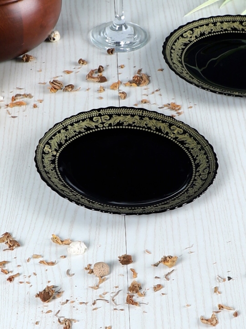 

ceradeco Black & Gold-Toned 6 Pieces Floral Printed Glass Glossy Plates