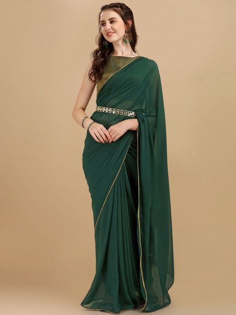 

Sangria Bottle Green Woven Design Georgette Saree & Embellished Belt