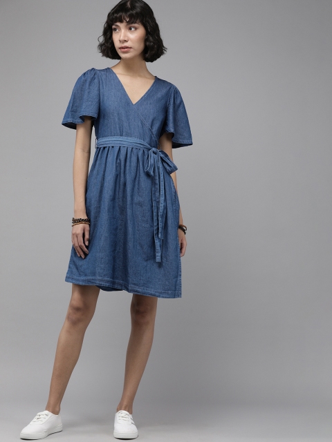 

Roadster Women Blue Denim Pure Cotton Wrap Dress With Belt