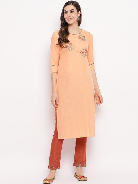

Anaita Women Orange Floral Embroidered Kurta