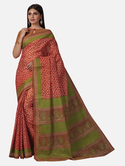 

SALWAR STUDIO Red & Green Ethnic Motifs Pure Cotton Saree