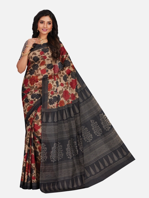 

SALWAR STUDIO Beige & Navy Blue Ethnic Motifs Pure Cotton Saree