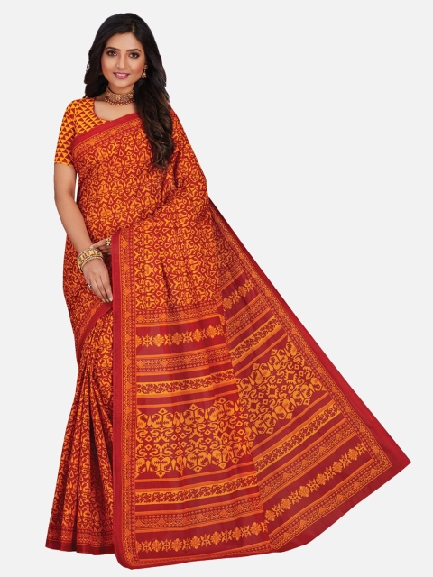 

SALWAR STUDIO Red & Orange Floral Pure Cotton Saree