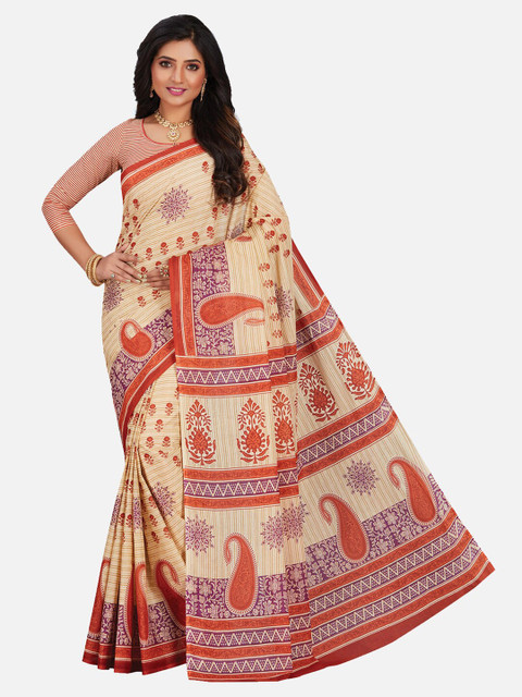 

SALWAR STUDIO Beige & Red Ethnic Motifs Pure Cotton Saree