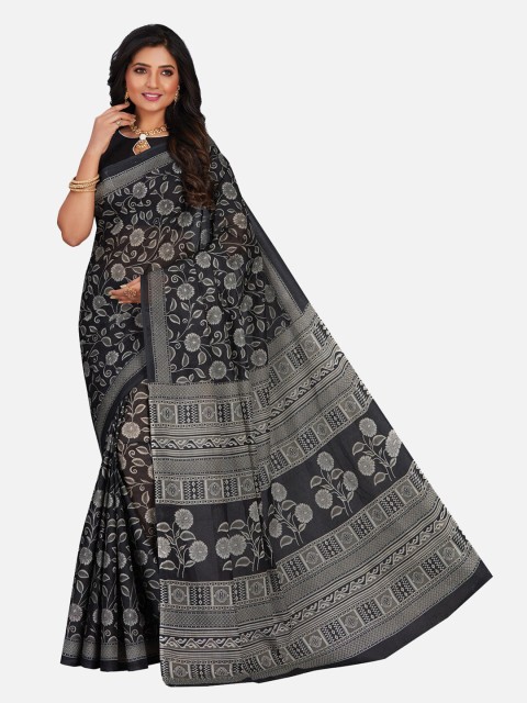 

SALWAR STUDIO Black & Grey Floral Pure Cotton Saree