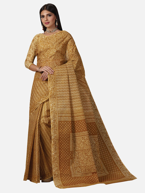 

SALWAR STUDIO Gold-Toned & Beige Floral Pure Cotton Saree