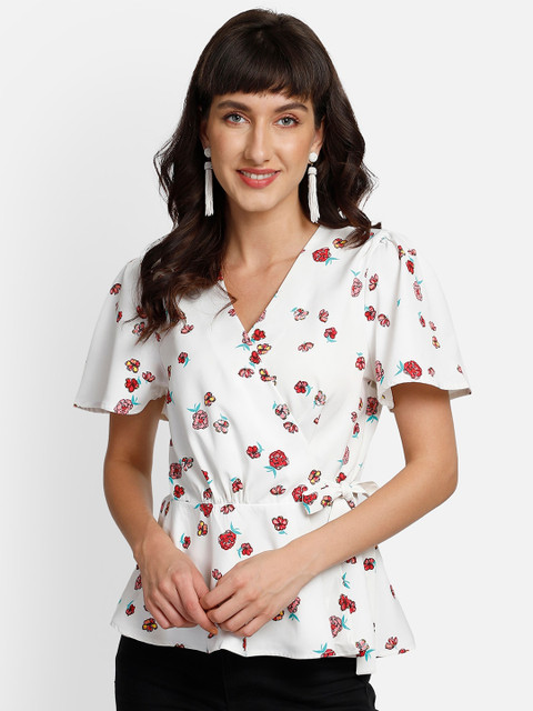 

YOU FOREVER White & Red Floral Print Crepe Wrap Top
