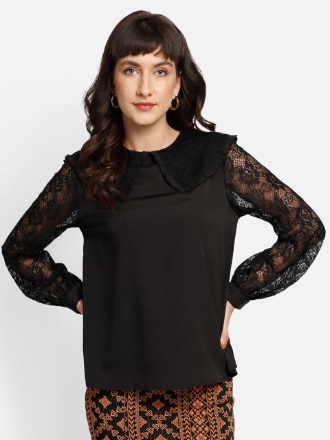 

YOU FOREVER Women Black Peter Pan Collar Sheer Crepe Top