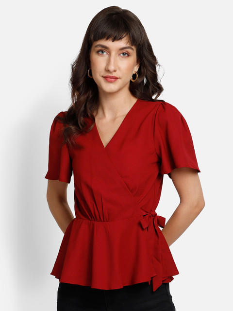 

YOU FOREVER Maroon Crepe Wrap Top