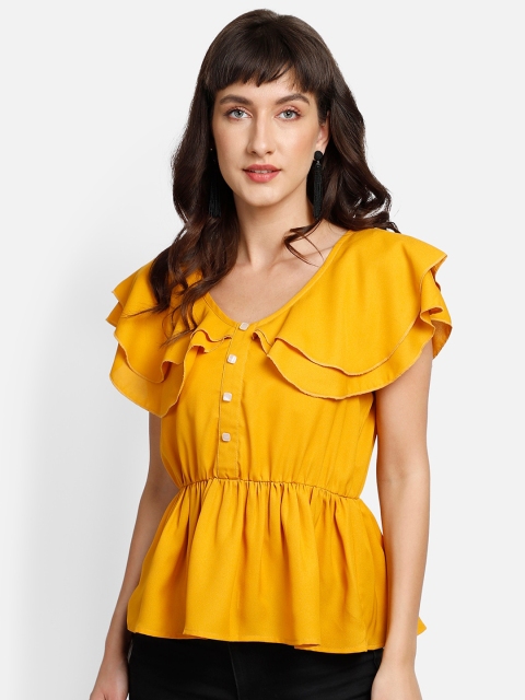 

YOU FOREVER Women Yellow Ruffles Crepe Cinched Waist Top