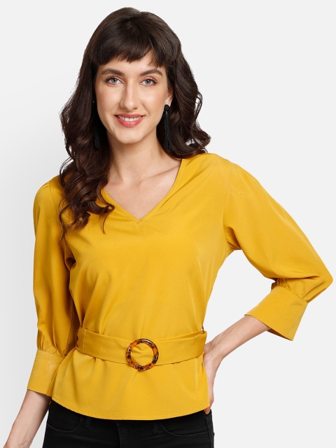 

YOU FOREVER Women Yellow Belted Crepe Top