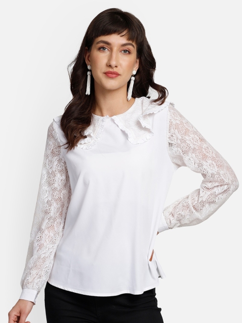 

YOU FOREVER Women White Peter Pan Collar Sheer Crepe Top