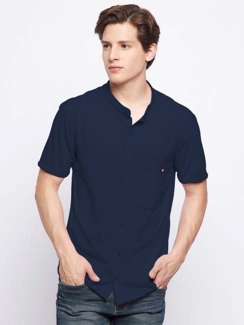 

FRENCH FLEXIOUS Men Navy Blue Typography Mandarin Collar Applique T-shirt