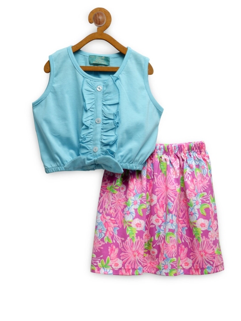 

Tiara Girls Pink & Blue Pure Cotton Top with Skirt