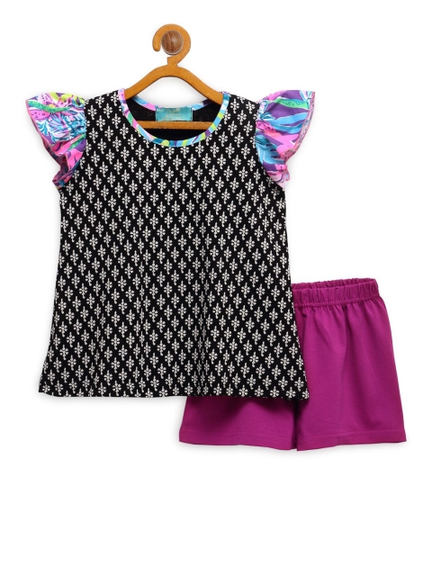 

Tiara Girls Pink & Black Printed Pure Cotton Top with Shorts