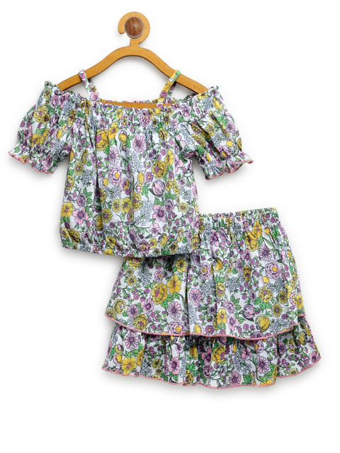 

Tiara Girls Pink Printed Pure Cotton Top with Skirt