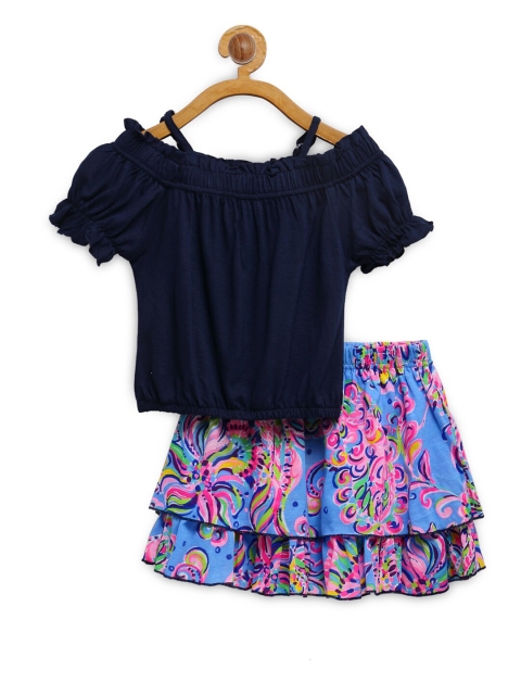 

Tiara Girls Pink & Navy Blue Pure Cotton Top with Skirt