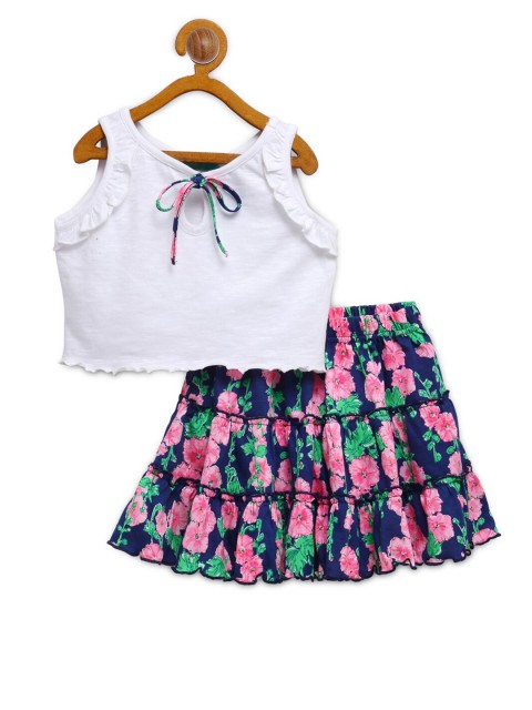 

Tiara Girls White & Pink Pure Cotton Crop Top with Skirt