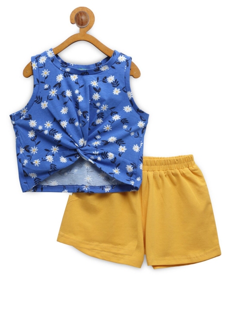 

Tiara Girls Blue and Yellow Printed Front Knot Pure Cotton Top with Shorts
