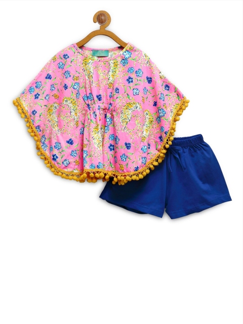 

Tiara Girls Pink & Blue Printed Pure Cotton Kaftan Top with Shorts