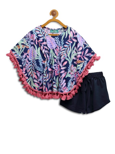

Tiara Girls Navy Blue & Pink Tropical Printed Pure Cotton Kaftan Top with Shorts