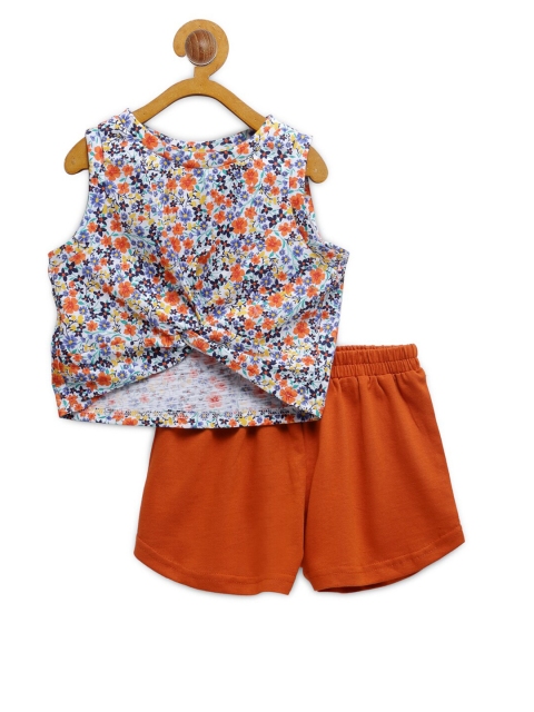 

Tiara Girls Orange Floral Printed Front Knot Pure Cotton Top with Shorts