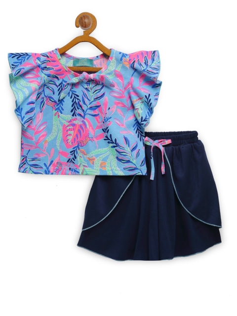 

Tiara Girls Navy Blue & Blue Printed Pure Cotton Top with Shorts