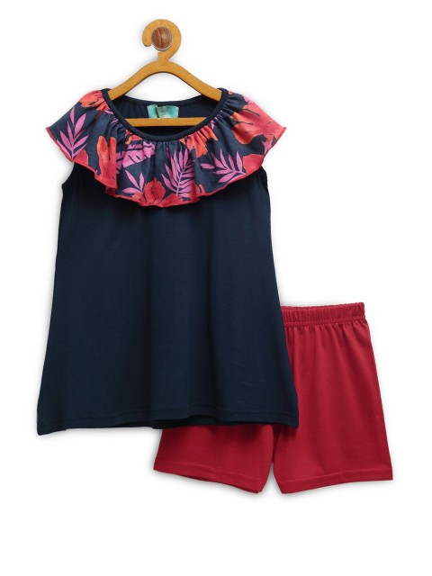 

Tiara Girls Red Printed Pure Cotton Ruffle Top with Shorts