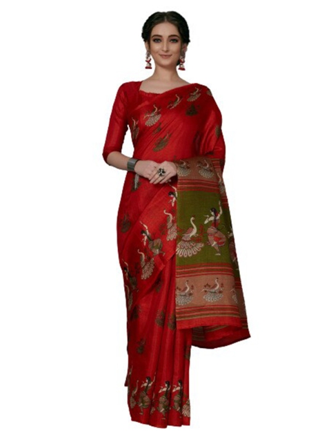 

KALINI Red & Green Ethnic Motifs Silk Blend Saree