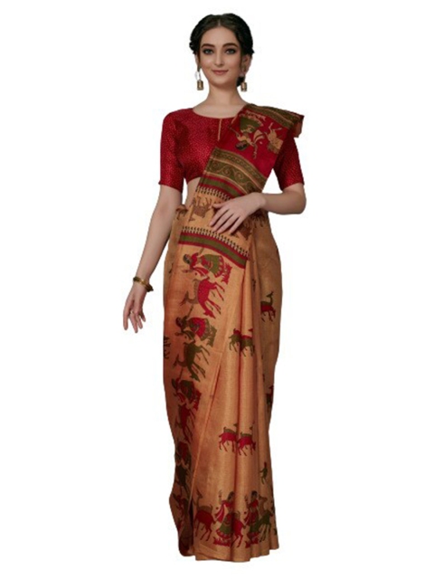 

KALINI Peach-Coloured & Red Ethnic Motifs Silk Blend Saree