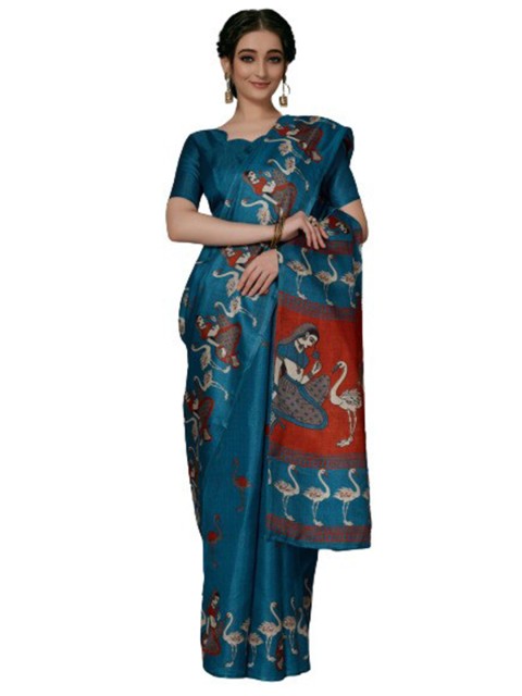 

KALINI Blue & Red Floral Silk Blend Saree