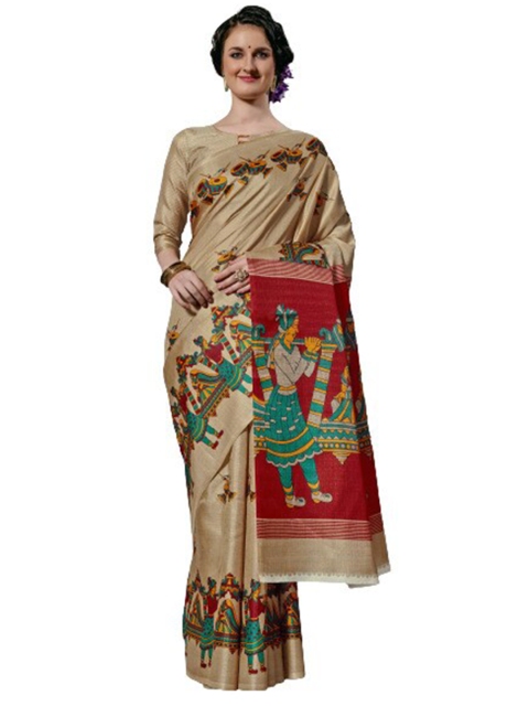 

KALINI Brown & Green Floral Silk Blend Saree