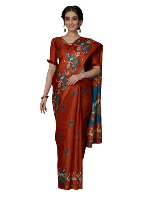 

KALINI Copper-Toned & Blue Floral Silk Blend Saree