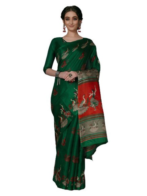 

KALINI Green & Green Floral Silk Blend Saree