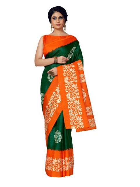 

KALINI Green & Orange Ethnic Motifs Silk Blend Saree