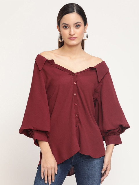

Twenty3 Maroon Off-Shoulder Keyboard Neck Collar Shirt Style Top