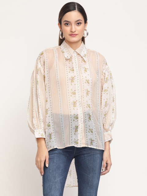 

Twenty3 Women Beige Standard Boxy Striped Casual Shirt
