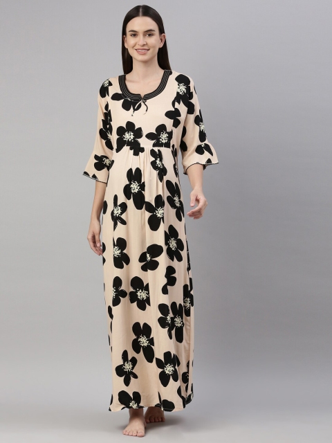 

GOLDSTROMS Peach-Coloured and Black Floral Printed Maternity Maxi Nightdress